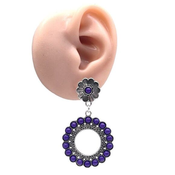 Silver with Purple Turquoise Boho South Western Native Post Back Earrings - Picture 6 of 6